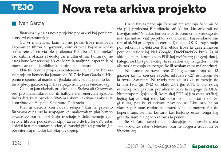 Artikolo pri BitArkivo en la revuo Esperanto